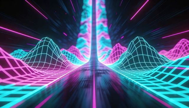 Neon grid highway retreating into glowing column, retro synthwave cyberpunk perspective