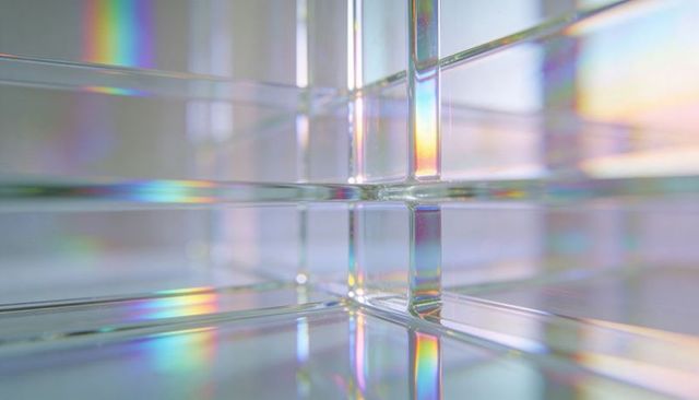 Iridescent glass corner refracting pastel rainbows through prism-like transparent panels