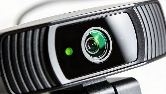 Close-up usb desktop webcam lens with green led macro detail for streaming and video calls