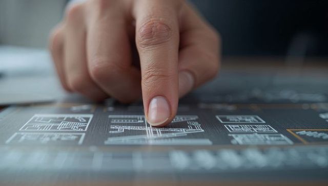 Index finger selecting digital blueprint on touchscreen tablet for architecture and design