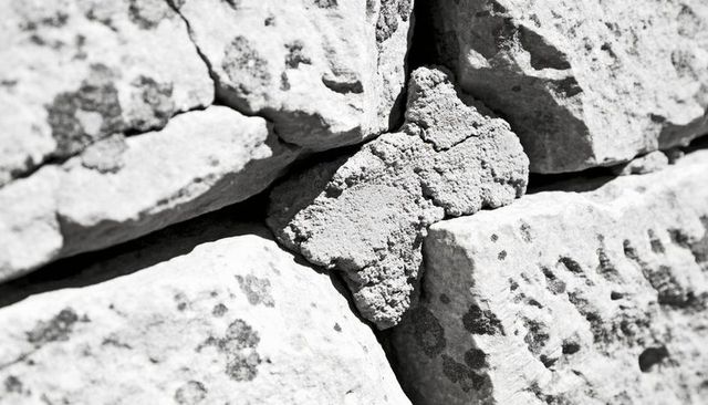 Triangular mortar piece nestled between weathered limestone blocks with lichen texture