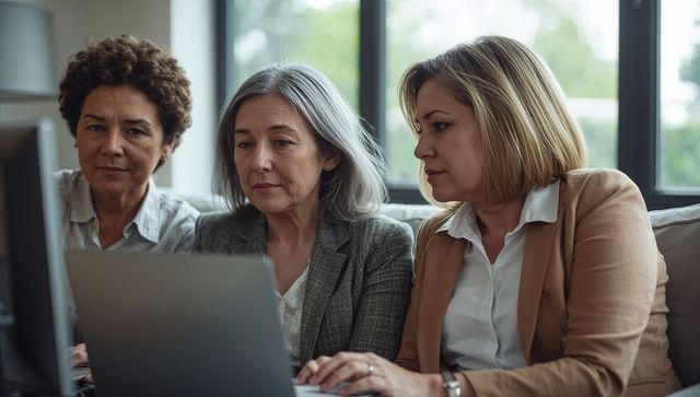Three professional women collaborating over laptop in modern office lounge during meeting