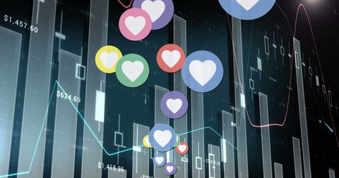 Heart icons interact with financial data visualization