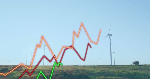 Digital Graph Overlaying Wind Farm Landscape
