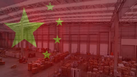 China Flag Overlay on Large Warehouse Focusing on Global Logistics and Shipping