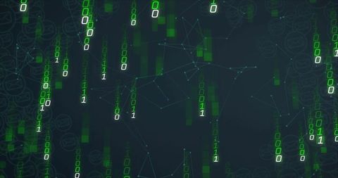 Cascading green binary code flowing through neon network nodes on dark teal for cybersecurity