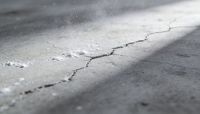 Sunlit cracked concrete floor with jagged fissure and dust motes in industrial interior