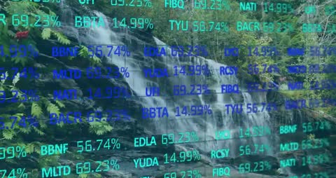 Digital Finance Data Overlay on Forest Waterfall Background