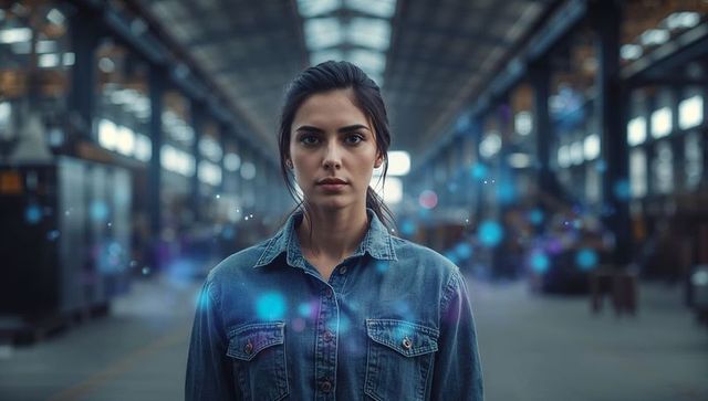 Confident woman standing in factory wearing denim shirt, gaze with glowing bokeh
