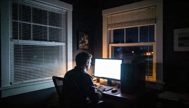 Man working late at home office with glowing monitor, typing on desktop pc late-night