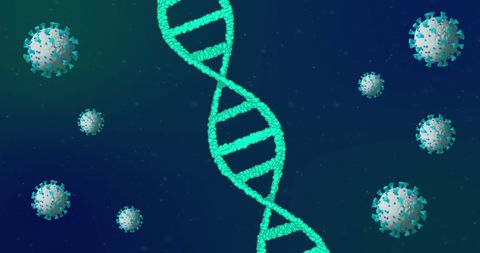Dna strand with floating covid-19 virus cells on blue background