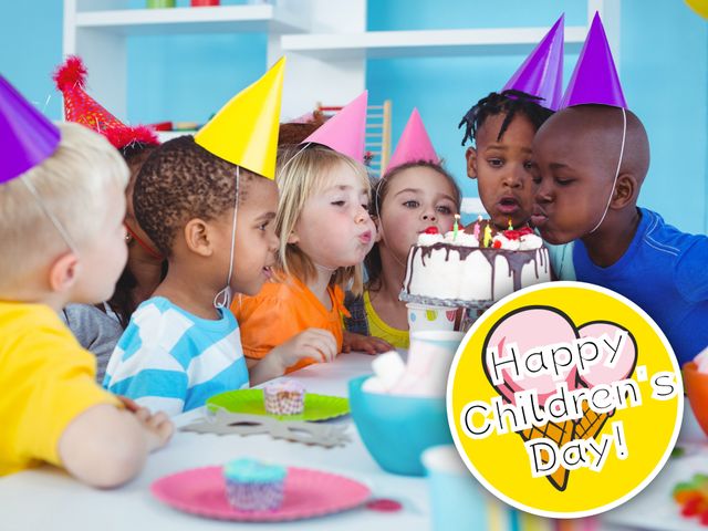 Group of diverse children at a birthday party gathering around a cake, wearing party hats, and having fun. Ideal for advertising birthday party supplies, celebrations, children's events, inclusive gatherings, and playful moments.