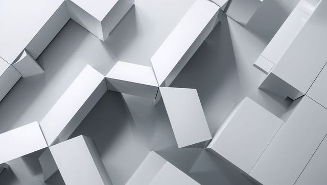 Forming modular geometric landscape with tessellated white-gray prisms casting shadows