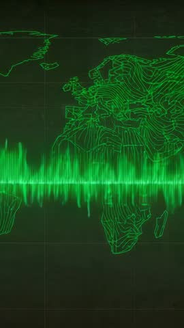 Vertical neon waveform sweeping wireframe world map for data visualization and tech animation