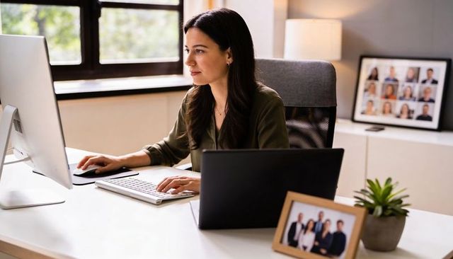 Focused professional woman working from home at modern desk with dual screens and laptop