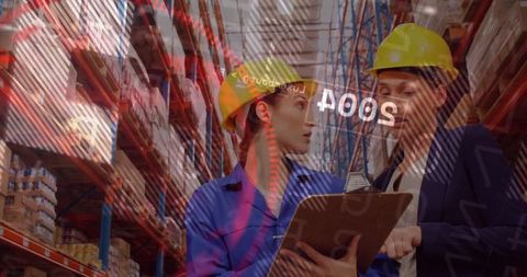 Colleagues Discussing Logistics with Data Overlay in Warehouse