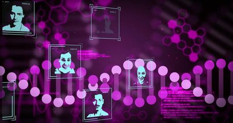 Futuristic dna helix with biometric digital profiles in interface