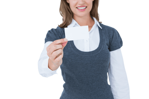 Transparent Smiling Woman Holding Blank Card