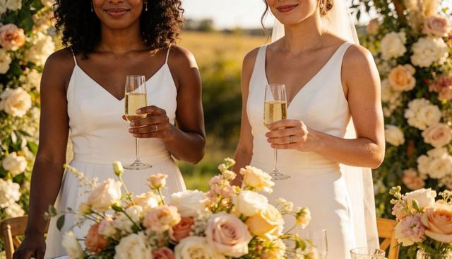 Two brides raising champagne flutes at golden hour garden wedding with romantic floral centerpiece