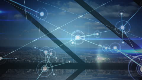 Digital Network Connections Overlooking City Skyline at Dusk