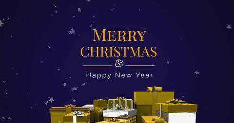 Elegant Christmas and New Year visual featuring gifts varying in size, wrapped in gold paper with bows, against a deep blue background decorated with subtle snowflakes. Ideal for use in holiday greeting cards, digital festive advertisements, and winter promotions, perfectly capturing the seasonal spirit and elegance.