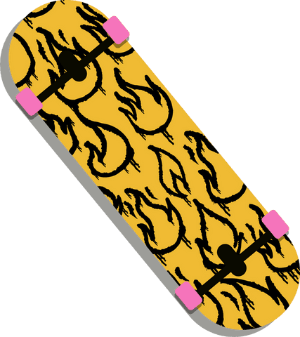 Graphic skateboard with yellow flames and pink wheels on transparent background