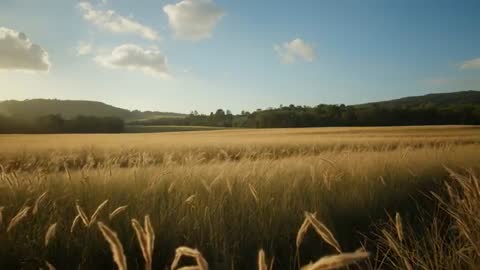 Gentle Breeze Across Idyllic Fields Under Blue Sky