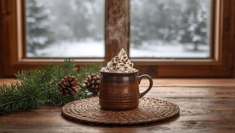 Steaming Hot Chocolate in Rustic Ceramic Mug Featuring Whipped Cream and Cocoa Shavings