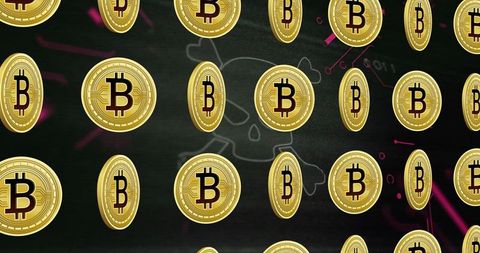 Floating Bitcoin Tokens with Hacker Data Background - Download Free Stock Images Pikwizard.com