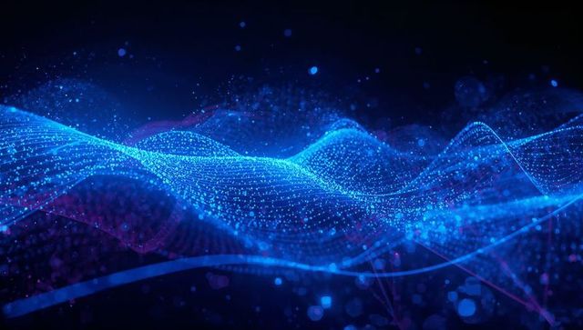 Flowing neon data wave of glowing blue particles and digital mesh grid