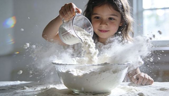 Backlit girl pouring flour into mixing bowl creating joyful cloud of baking dust