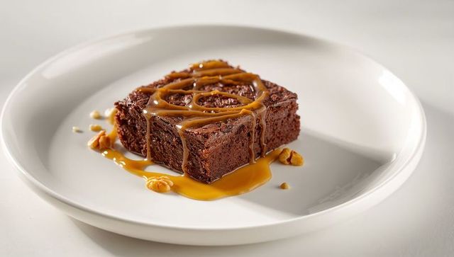 Fudgy chocolate brownie drizzled with caramel and walnuts on white plate