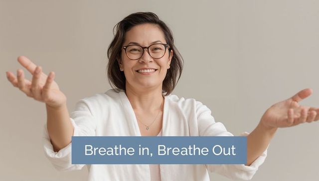 Smiling woman practicing deep breathing with open arms, calm minimalist wellness portrait