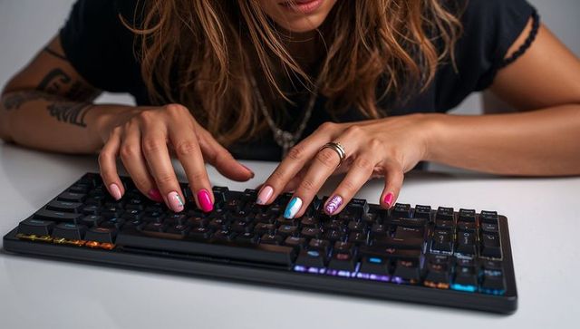 Manicured hands typing on compact rgb mechanical keyboard showing rings, tattoo and necklace
