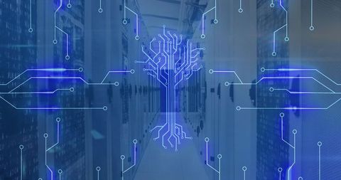 Futuristic circuit tree overlay inside data center aisle