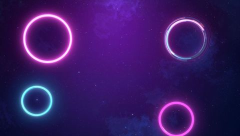 Floating Neon Rings Over Purple Starfield With Futuristic Glowing Halo and Nebula