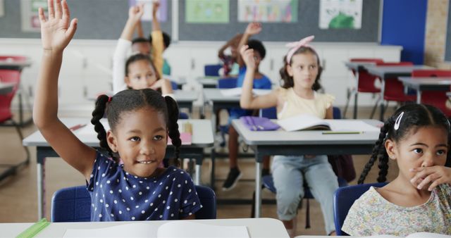 Engaged Diverse Elementary Schoolchildren Raising Hands in Classroom - Download Free Stock Images Pikwizard.com