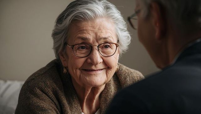 Warm senior woman smiling in cozy brown cardigan and round eyeglasses, intimate moment