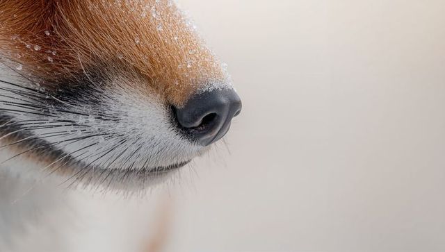 Sniffing red fox muzzle with frost-covered whiskers and wet black nose closeup