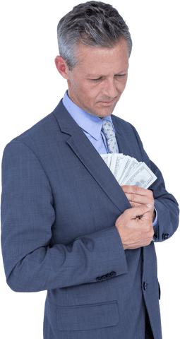 Businessman hiding cash in suit pocket on transparent background