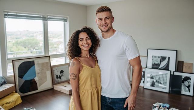 Young couple moving into new apartment, unpacking artwork and boxes, smiling together