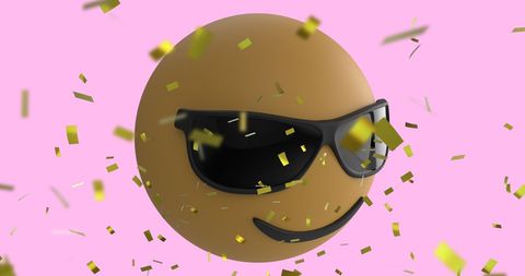 confident smiling emoji with sunglasses and gold confetti on pink background - Download Free Stock Images Pikwizard.com