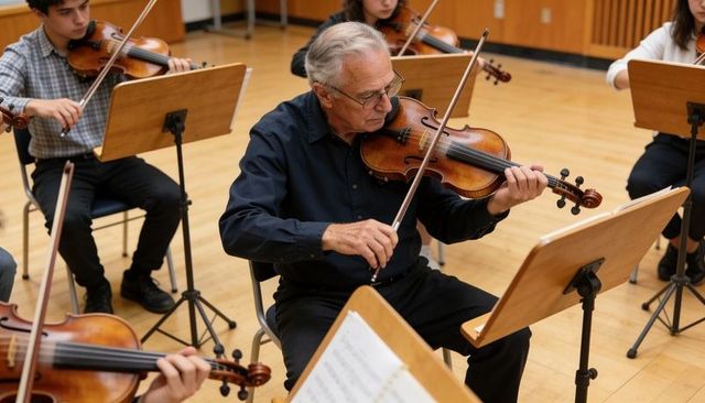 Senior violinist leading chamber ensemble rehearsal in conservatory practice room
