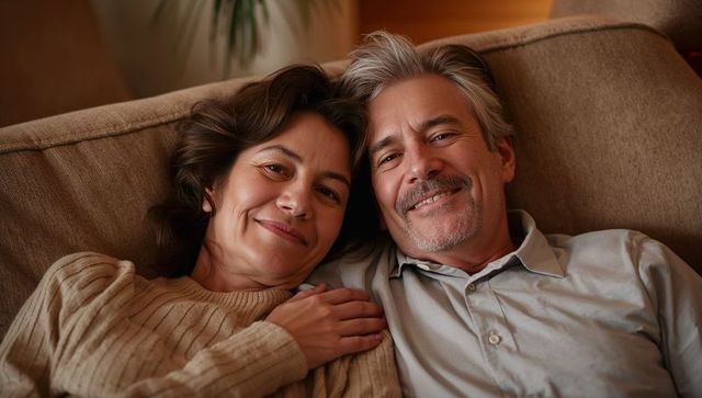 Middle-aged couple relaxing on sofa, smiling in cozy living room glow
