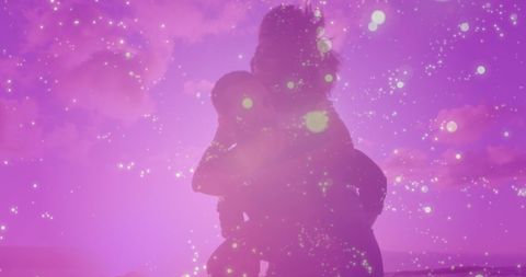 Diverse Couple Embraces Under Magical Pink Glow