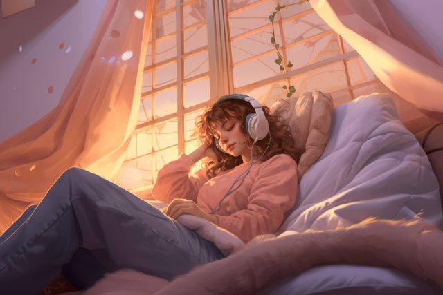 Lofi anime girl wearing headphones in bed, created using generative ai technology. Anime, youth culture and urban style concept digitally generated image.