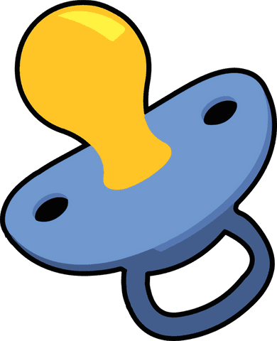 Cartoon pacifier with yellow nipple and blue guard on transparent background