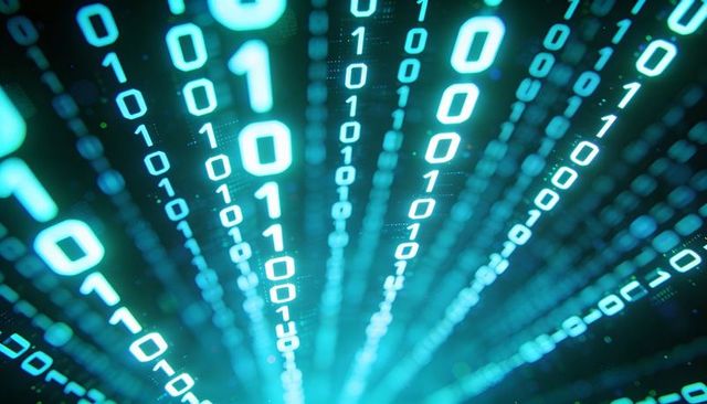 Neon Binary Data Streams Converging Toward Vanishing Point in Futuristic Teal Cyber Grid