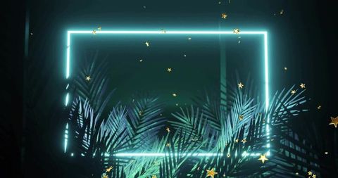 Cyan neon rectangle backlighting palm fronds with floating gold stars and moody teal glow