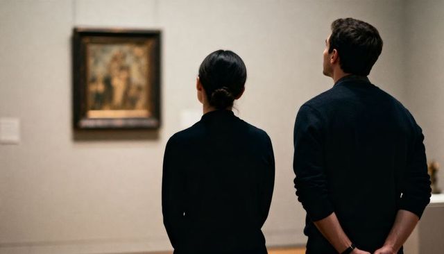 Couple viewing framed painting in museum gallery, contemplative art observation